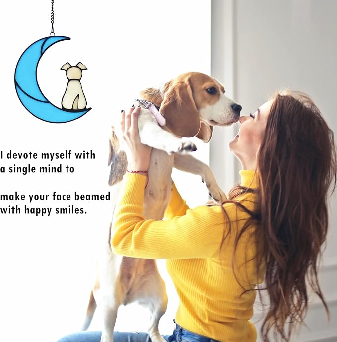 Stained Glass Dog Memorial Gifts for Dog Lovers, Yellow Dog Decor on Blue Moon Window Hanging Suncatcher, Loss of Dog Sympathy Gift, Pet Loss Remembrance Gift in Memory of Dog