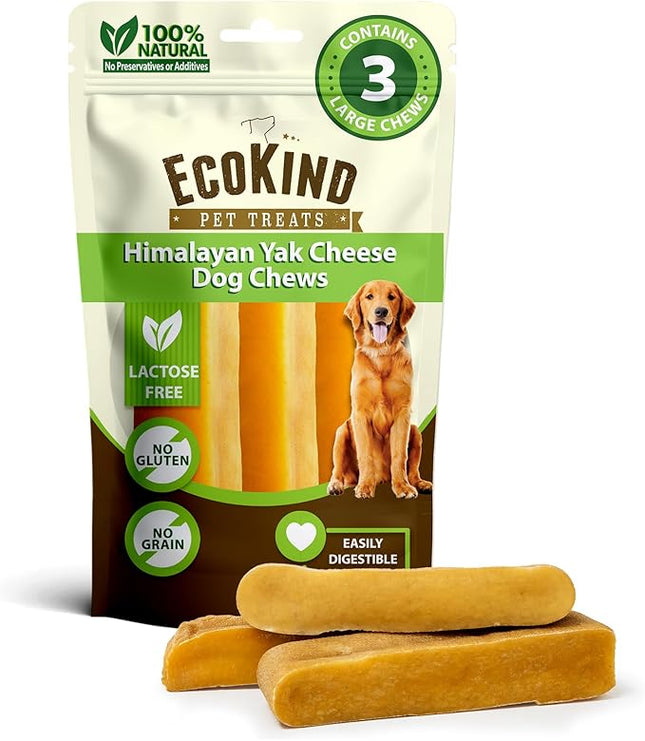 EcoKind Premium Gold Yak Cheese Himalayan Dog Chews, Dog Treats Large Breed, All Natural, High Protein Dog Chew, Cheese, Large - 3 Chews