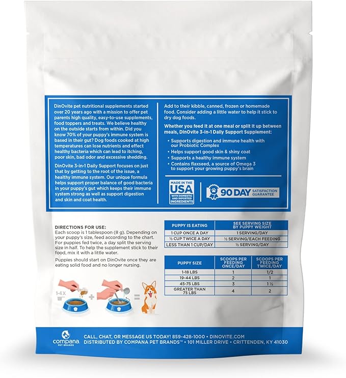 Dinovite 3 in 1 Probiotic for Puppies, Skin & Coat, Digestive Health & Joint Relief, Dog Food Toppers, Salmon Oil, Glucosamine, Allergy Relief & Itch Relief Skin Care, 90 Servings (Puppy)