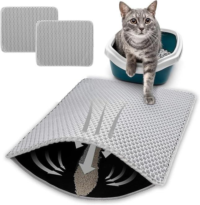 HCY&WLD 2-Pack Cat Litter Mat, Double Layer Honeycomb Waterproof Urine Proof Non-Slip Litter Trapping Mat, Less Waste, Easy to Clean Cat Litter Box Mat, Kitten Indoor Supplies (Gray, 20x16 Inches)