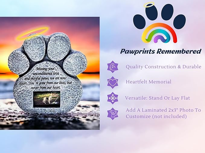 Pet Memorial Stone - Features a Paw Print Photo Frame and Sympathy Poem - Indoor Outdoor for Garden Backyard Marker Grave Tombstone - Loss of Pet Gift - Loss of Dog Gift