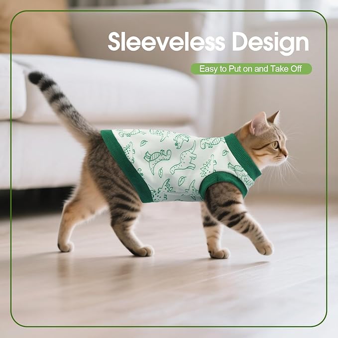 Sphynx Hairless Cat Clothes with Dinosaur Print, Pullover Kitten T-Shirts Vest, Sleeveless Bodysuit Cat Pajamas Jumpsuit, Breathable Daily Wear Clothes for Cats