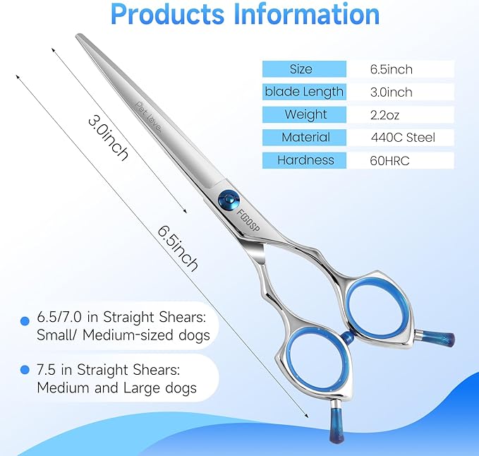 Straight Dog Grooming Scissors 6.5 in Small Dog Hair Scissor Trimming Dogs Pet Cat Shears Japan 440C Symmetric Handle Light Weight for Cutting Body Legs Hairs(6.5)