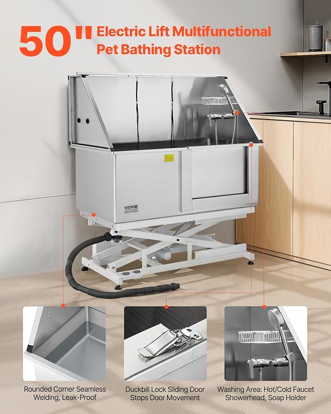 VEVOR Electric Lift Dog Washing Station, 50 inch Professional Stainless Steel Pet Grooming Tub w/PE Water Filter Board, Faucet & Showerhead Dog Bathtub Washing Sink for Multiple Pets (Right Door)