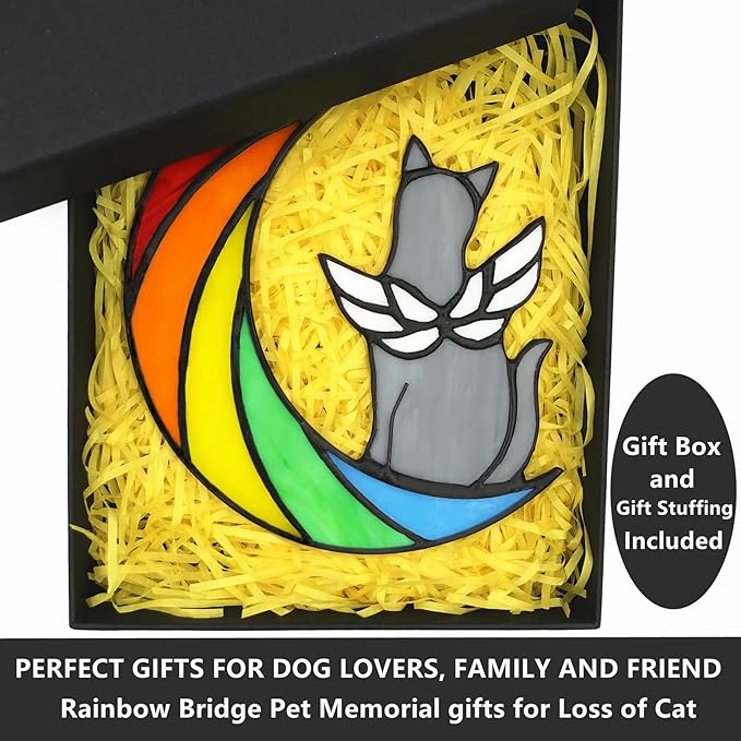 Grey Cat Memorial Gifts for Loss of Cat Sympathy Suncatcher, Rainbow Bridge Pet Memorial Bereavement Gifts, Stained Glass Window Hangings for Pet Lovers Loss