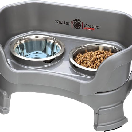 Neater Feeder Deluxe Mess Proof Cat Bowls Elevated for All Breeds – Made in USA – No Spill Raised Cat Bowls for Indoor Cats w/Leg Extensions – Stainless Steel Cat Food and Water Bowl Set - Grey