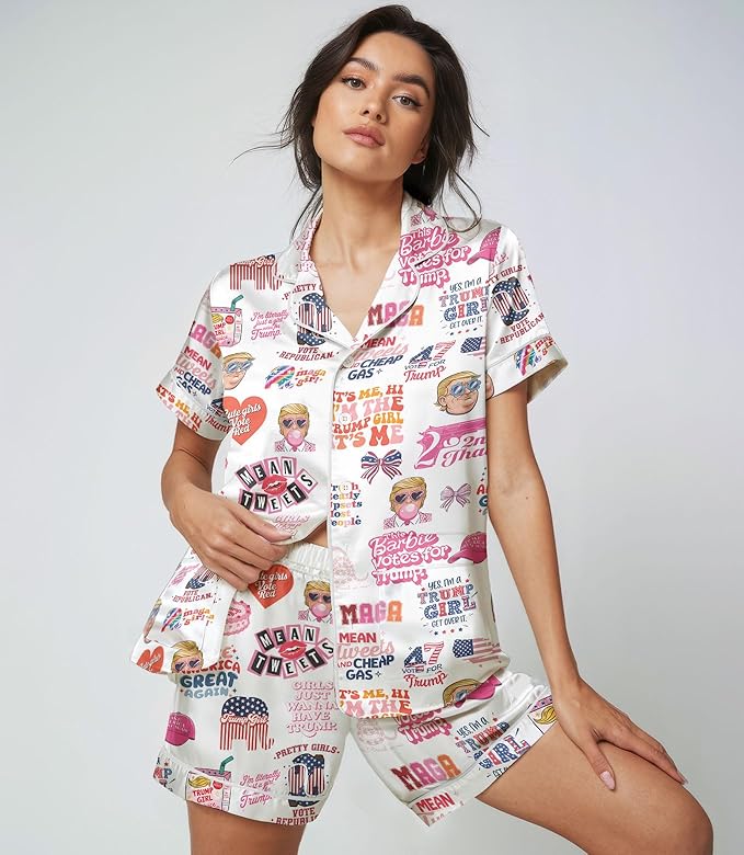 Women’s Silk Satin Pajama Set, Short Sleeve Button Down 2 Piece PJs with Shorts, Cozy Loungewear & Matching Holiday Pajamas