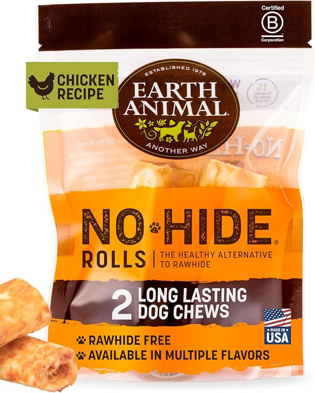Earth Animal No Hide Chews - Long Lasting Rawhide Free Small Dog Chews Rolls, Chicken - 2 Count