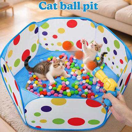 AIERSA Cat Ball Pit for Indoor Cats,Interactive Toy Included 200 Pom Pom Balls and Launcher&Springs&Jingle Balls&Feather Spring Ball,Cats Self Play Enrichment Stimulation Toys for Bored Cat