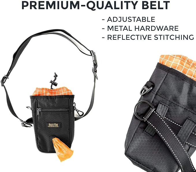 Mighty Paw Dog Treat Bag - Drawstring Closure Pouch - Includes Carabiner Hook and Pick-up Bags - With Reflective Belt - Dog Training Treats Pouch (Black)