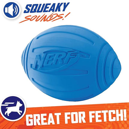 Nerf Dog Ridged Football Dog Toy with Interactive Squeaker, Lightweight, Durable and Water Resistant, 7 Inch Diameter for Medium/Large Breeds, Single Unit, Blue