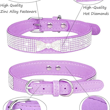 Dog Collar for Small Dogs, Adjustable Leather Suede Bling Dog Collars，Pink Dog Collar Cat Collar, Rhinestone Dog Collar (L, purple4)