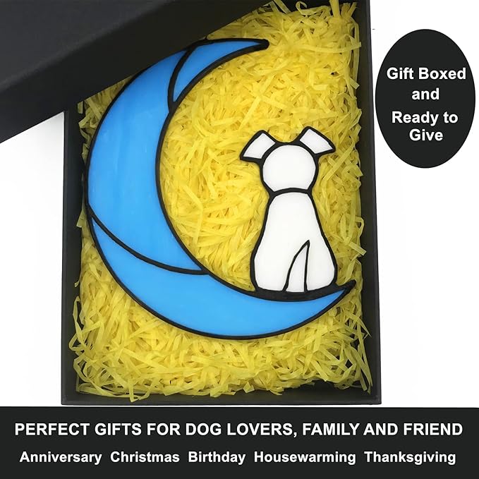 Stained Glass Pet Dog Memorial Gifts for Dog Lovers, White Dog Decor on Blue Moon Window Hangings Suncatcher, Loss of Dog Sympathy Gift, Pet Loss Remembrance Gifts