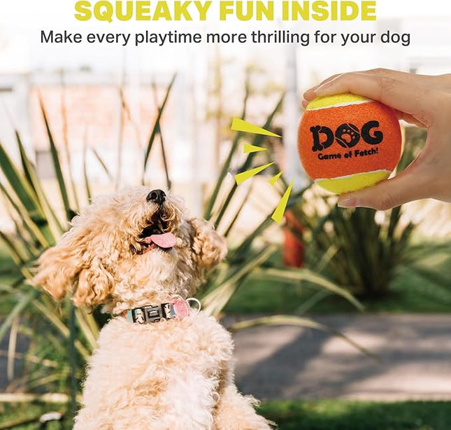 AMA SPORT Squeaky Tennis Balls for Dogs 2.5" Small Medium Dog Tennis Balls for Throwing and Fetching Dog Toys for Training, Exercise, High Bouncing 4 Pack (Orange Yellow)