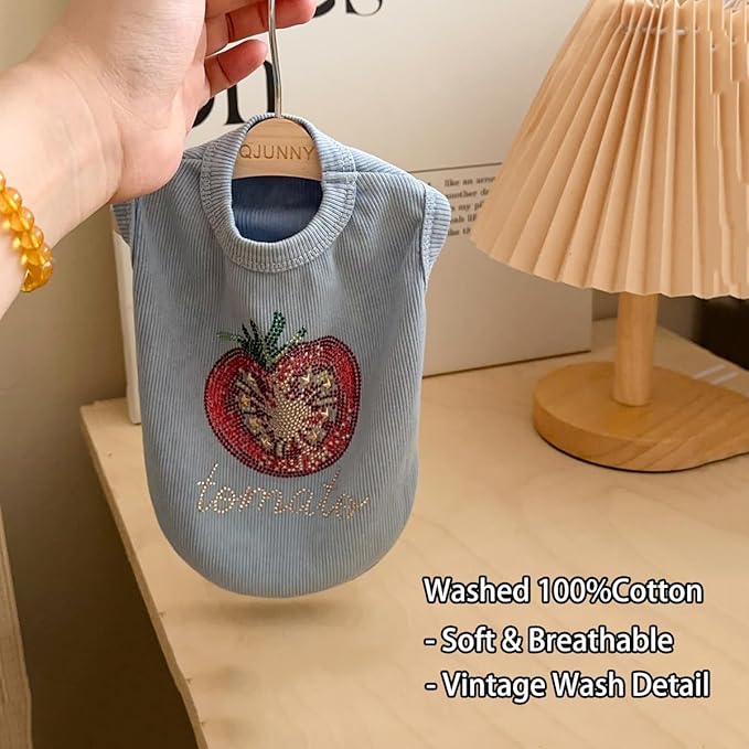 Washed Cotton Pet Vest with Rhinestone Fruit Designs, Soft & Stylish Small Dog Cat Vest for Spring Summer, Breathable & Shiny (Blue-Tomato, Medium)