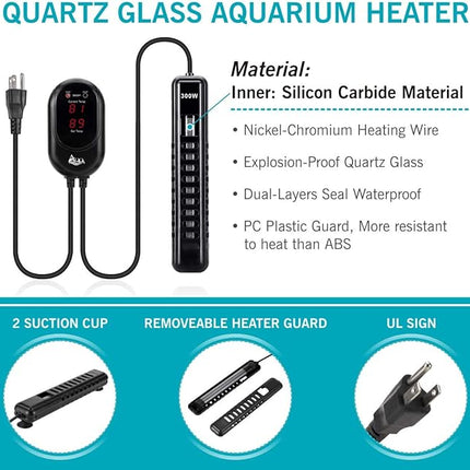 AQQA Aquarium Heater 300W for 80-95 Gallon Fish Tank Heater Aquarium Submersible Heater Betta Fish Heater Aquarium Thermostat Heater for Freshwater Saltwater Fish Tanks (300W for 80-95 Gal)
