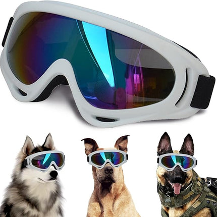 Large Dog Sunglasses With Adjustable Strap UV Protection, Windproof Puppy Eyewear, Suitable for Medium-Large Pets, Eyes Protection, Soft Goggles (White Frame)