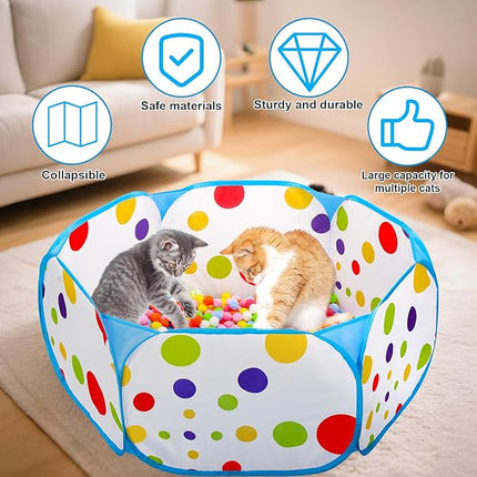 AIERSA Cat Ball Pit for Indoor Cats,Interactive Toy Included 200 Pom Pom Balls and Launcher&Springs&Jingle Balls&Feather Spring Ball,Cats Self Play Enrichment Stimulation Toys for Bored Cat
