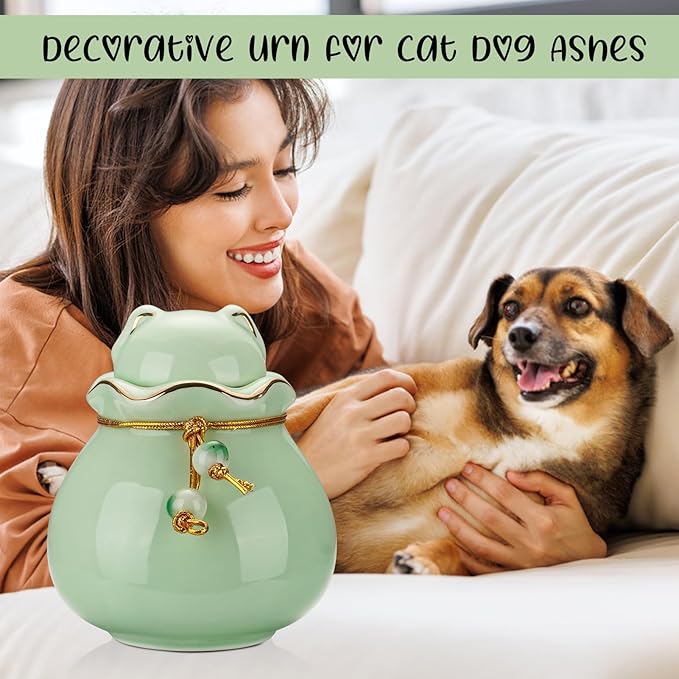 SOITIS Engraving Customized Pet Memorial Urn for Cat or Dog Ashes - 3.54"x3.15" Elegant Ceramic Keepsake Holder with Cat-Shaped Lid & Gold Trim, Small Cyan Urn for Pet Ashes