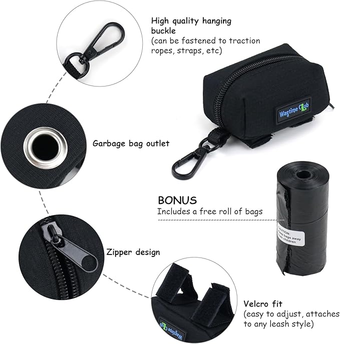 Wagtime Club 2 Pack Dog Poop Bag Holder for Leash Dog Waste Bag Dispenser Soft Fabric Puppy Potty Carrier Suitable for Any Leash with 2 Roll of Pet Trash bag, Black