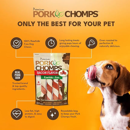 Pork Chomps Baked Pork Skin Dog Chews, 6-inch Twists, Bacon Flavor Wrap, 4 Count (Pack of 2)