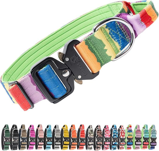 TSPRO Premium Dog Collars Tactical Dog Collar with Handle and Heavy Duty Quick-Release Metal Buckle Durable Thick and Adjustable for Medium to Large Dogs (Gradient Multi-Colored L)