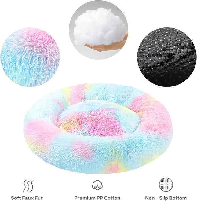 NOYAL Calming Donut Dog Bed for Small to Medium Dogs & Cats - Plush Faux Fur Anti-Anxiety Pet Bed with Machine Washable Cover & Non-Slip Base