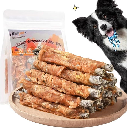 ASMPET Dog Treats Chews, Chicken Wrapped Cod Skin Sticks, Rawhide Free Cod Skin Treats for Dogs, 10.6 oz
