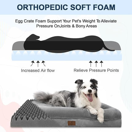 Large Dog Bed Orthopedic for Large Sized Dogs, Waterproof Dog Bed with Removable Washable Cover, Egg Crate Foam Pet Couch Sofa with Non-Slip Bottom, Grey
