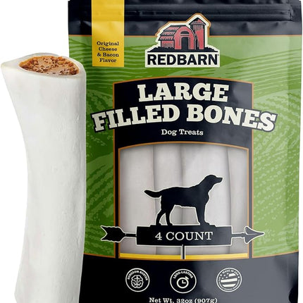 Redbarn Pet Products Large Filled Dog Bones, Cheese & Bacon Flavor - Long Lasting Stuffed Femur Chew Treat Made in USA - 4 Count - Packaging May Vary