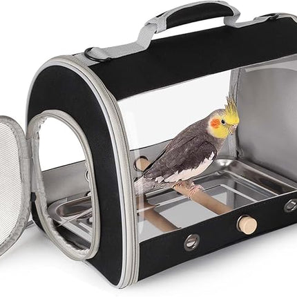 Bird Carrier, Portable Small Bird Cockatiel Conure Parrot Parakeet Carrier with Standing Perch and Stainless Steel Tray, Side Access Window Collapsible (Black, Cylinder Design - Clear)