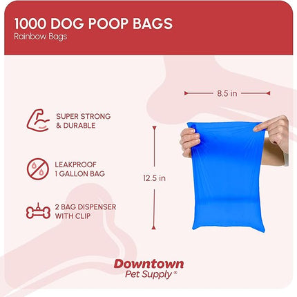 Downtown Pet Supply Dog Waste Bags (1000 CT - Rainbow Bags & 2 Dispensers) Clips to Dog Leashes & Harnesses - Poop Scoop Bags are Leak-Proof & Unscented