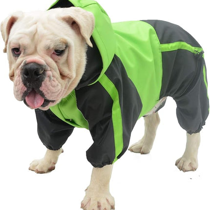 Lovelonglong American Bully Pitbull Dog Hooded Raincoat, Bulldog Rain Jacket Poncho Waterproof Clothes with Hood Breathable 4 Feet Four Legs Rain Coats for Pugs English French Bulldog Green B-L
