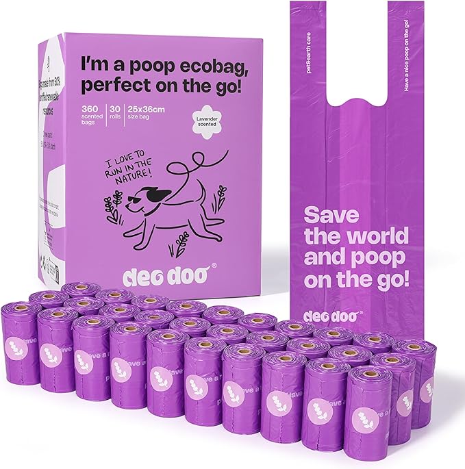 Dog Poop Bags with Handles 30 Rolls 360 Counts Big Sizes Leak Proof and Extra Thick Waste Bags Refill Rolls for Walking Small Medium Large Dogs Cats Litter Lavender Scented