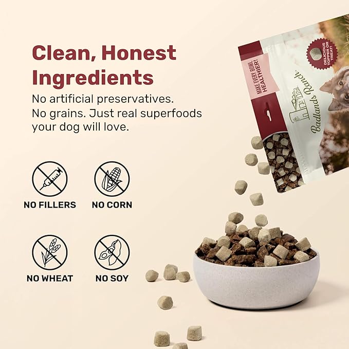 BADLANDS RANCH Superfood Nuggets- Premium, Freeze-Dried raw Dog Food Topper or Treat. Powerful Nutrient-Dense Ingredients. No Artificial additives. Bison and Kale Formula 8oz - 4pk Bundle