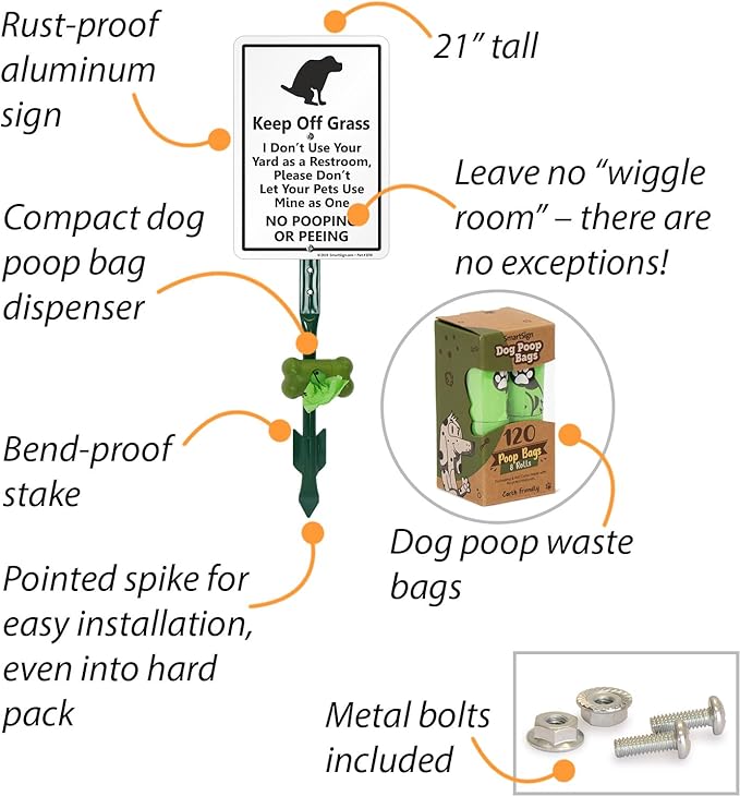 SmartSign Keep Off Grass No Dog Pooping Or Peeing Yard Sign & Clip-On Preloaded Dispenser Combo/Kit with 135 Dog Poop Waste Bags, 7"x10" Rust-proof Aluminum Sign with 18-inch Steel Stake