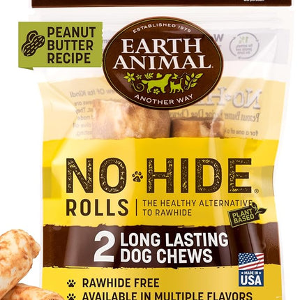 Earth Animal No Hide Chews - Long Lasting Rawhide Free Small Dog Chews Rolls, Peanut Butter - 2 Count