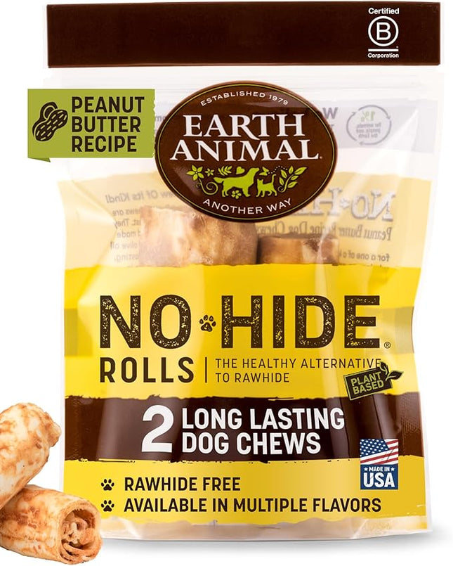 Earth Animal No Hide Chews - Long Lasting Rawhide Free Small Dog Chews Rolls, Peanut Butter - 2 Count
