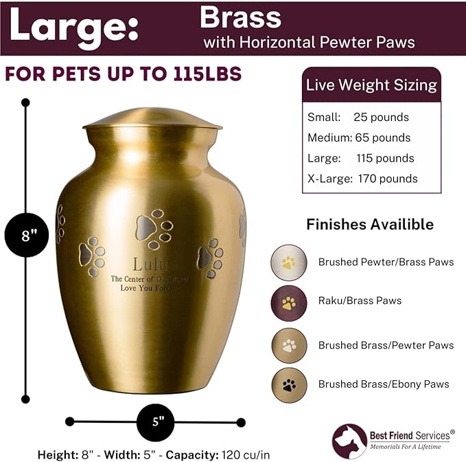 Ottillie Paws Elite Series Personalized Pet Urn for Dogs and Cats - Pet Memorial Urns with Custom Engraving (Brass, Horizontal, Pewter, Large)