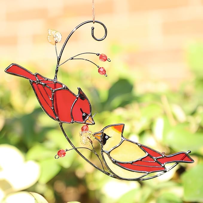 Handmade Cardinal Stained Glass Suncatcher Window Hanging Ornament for Christmas,Mother’s Day,Memorial Gifts,Red Birds Sun Catcher Decorative for Women, Mom, Grandma,Real Glass Unique Design