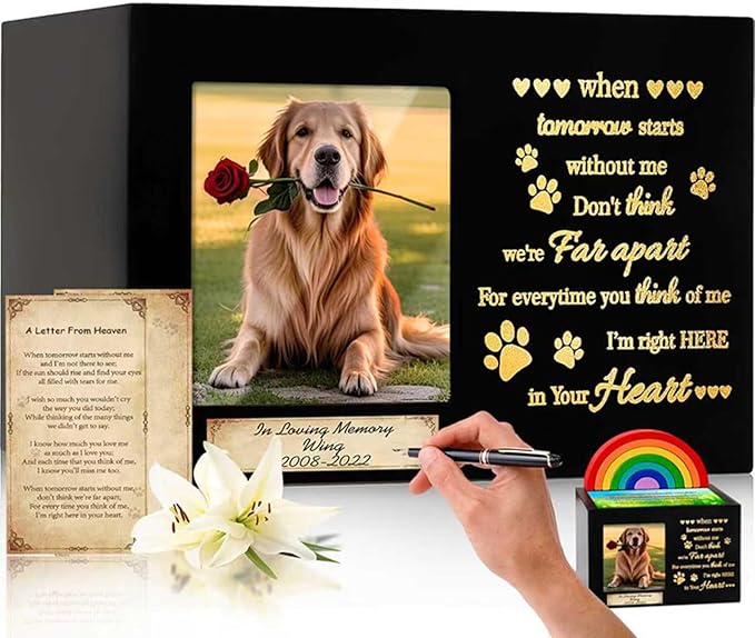 Waterproof Wooden Memorial Pet Keepsake Urn,Crafted Pet Urns for Dog or Cat,Pet Ashes Box with Photo Frame,Poem,Personalized Name Tag&Blank Condolence Card,Flannel Bag Pet Sympathy Remembrance Gift