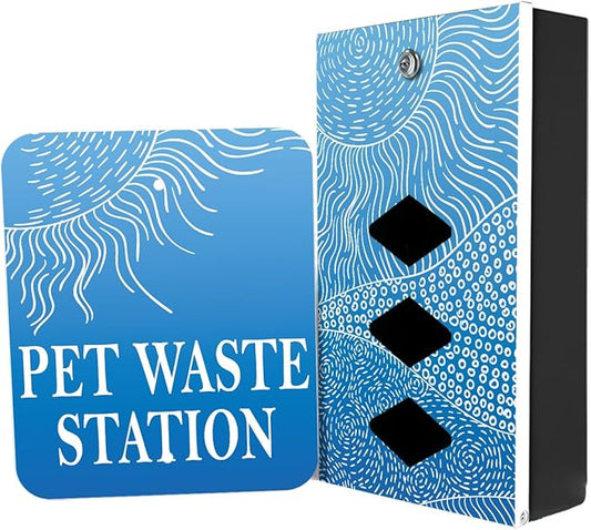 Dispense-Art™ Collection Rolling Hills - Blue - Custom UV Printed Design on Rust-Proof Aluminum Starter Dog Waste Station/roll Bag System - Includes 400 Dog Waste Bags & 10x12 Sign