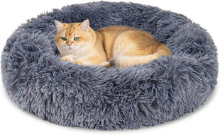 Cat Bed - Calming Cat Bed for Small Kittens Donut Washable Round for Indoor Kittens and Puppies, Anti-Slip Round Fluffy Plush Faux Fur,Large, Dark Blue