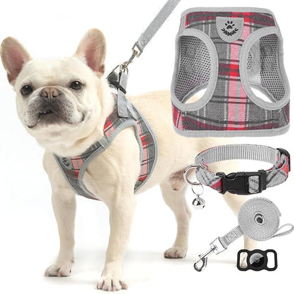 EXPAWLORER Classic Plaid Puppy Harness - Small Dog Harness and Leash Set - Dog Collar and Leash Set with AirTag Holder, Soft Padded Step in Dog Vest Harness No Pull Reflective for Outdoor, Grey XXS