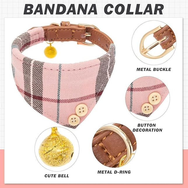 EXPAWLORER Dog Collar Bandana Set - Classic Plaid Dog Bow Tie and Bandana Collar with PU Leather, Adjustable Collars for Small Medium Large Dogs Cats, Holiday Ideal Gift, Pink S