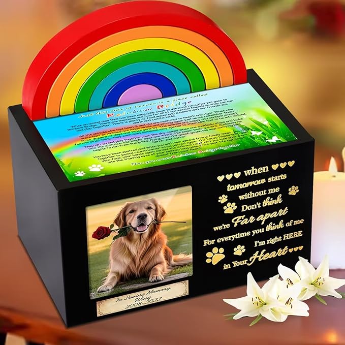 Wooden Rainbow Bridge Keepsakes Pet Urns, Handcrafted Dog/Cat Pet Urn, A Memorial Solemn Set, Pet Ashes Box with Photo Frame, Poem, Personalized Name Tag,Flannel Bag,Pet Sympathy Remembrance Gift