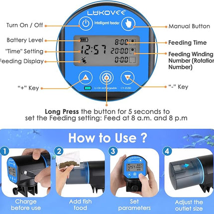 Lukovee Automatic Fish Feeder,New Generation Feeding Time Display USB Rechargeable Timer Moisture-Proof Aquarium or Fish Tank Food Dispenser with 200ML Large Capacity for Vacation Weekend Holiday,Blue