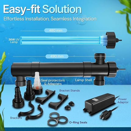Flexzion Pond UV Lights for Outdoor Ponds - 36W Large Light, 9246 Gal Capacity, 4500L/H UV Pond Clarifier for Outdoor Ponds, Clears Water in Days (CUV-136)