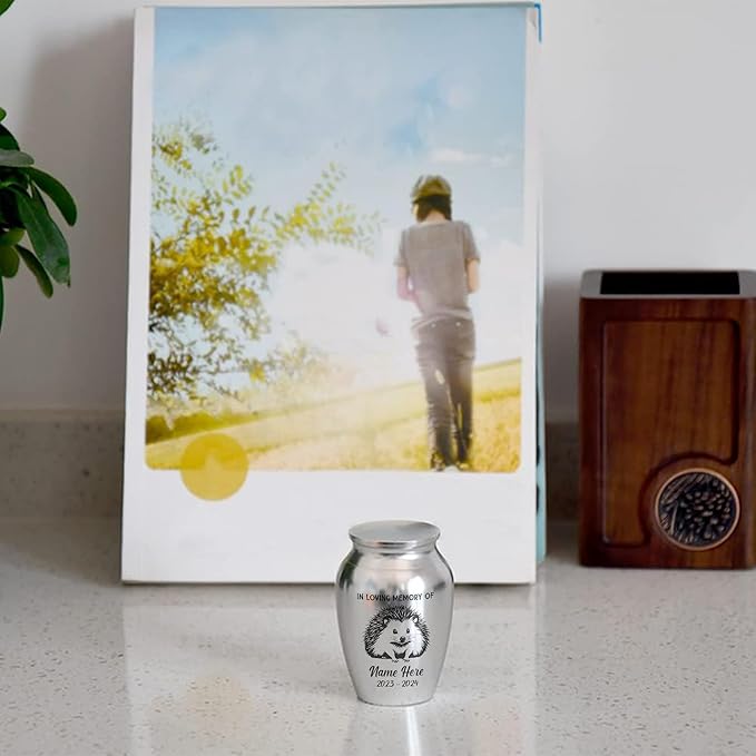 Artsy Woodsy Personalized Hedgehog Pet Memorial Cremation Mini Urn, Decorative Keepsake Small Urns for Ashes 2.56 inch, Remembrance Gifts for Pet Lovers in Loving Memory (01, 2.56x1.77)