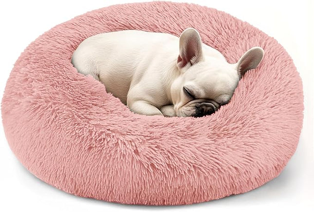 Hoewina Dog & Cat Bed, 20in Cat Beds for Indoor Cats, Calming Donut Bed for Puppy and Kitten, Washable Round Fluffy Pet Bed for Small Medium Dogs and Cats (Pink)